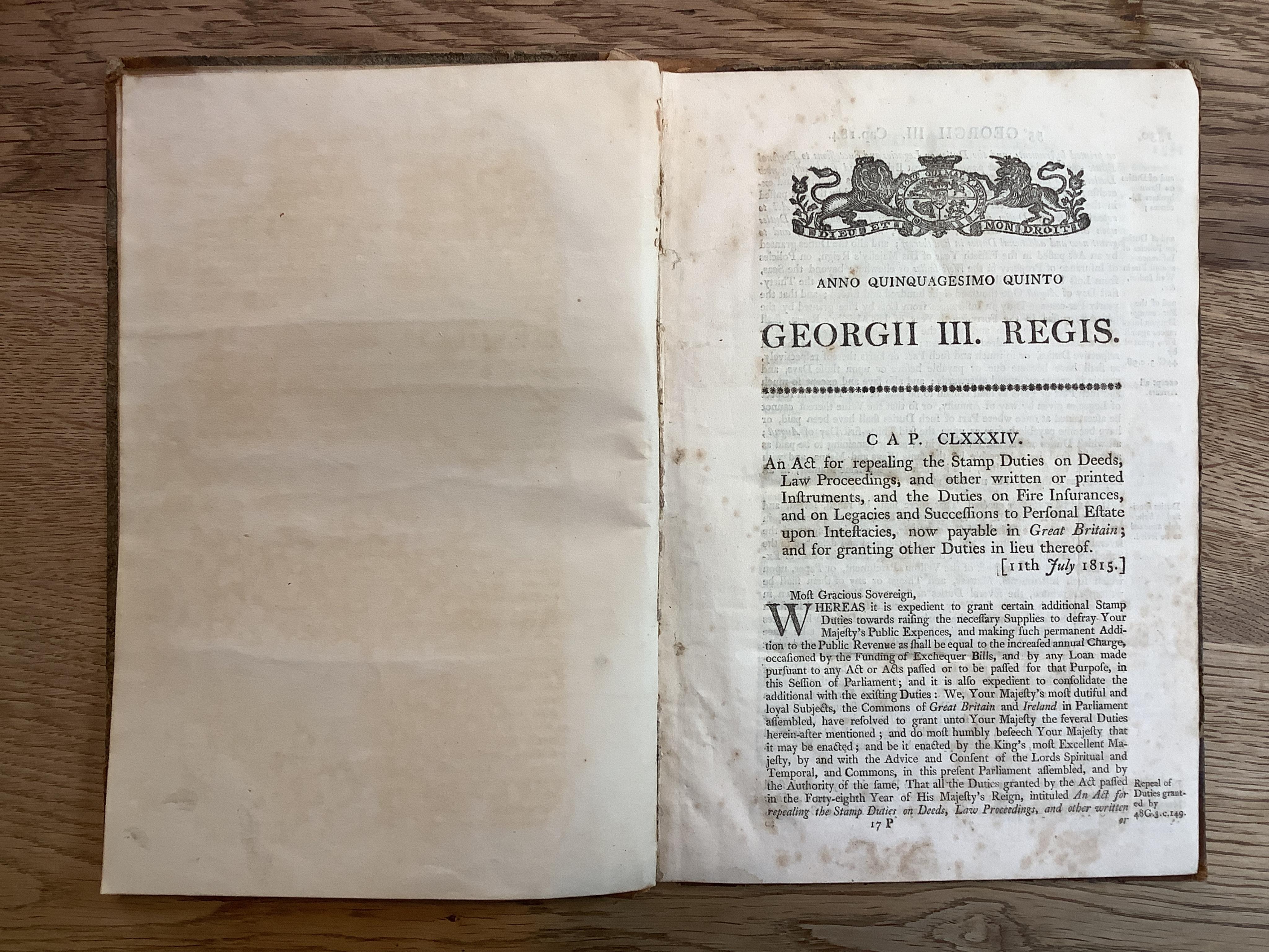 Stamp Acts Etc. Order and Declaration of his Highness The Lord Protector, Feb 8th 1654 p.1-13; George I 1718, p.135-163; George II 1758, p.723-764; George III 1774, p.927-930; 1779, p.415-460; 1782, p.263-294; Rules, Ord